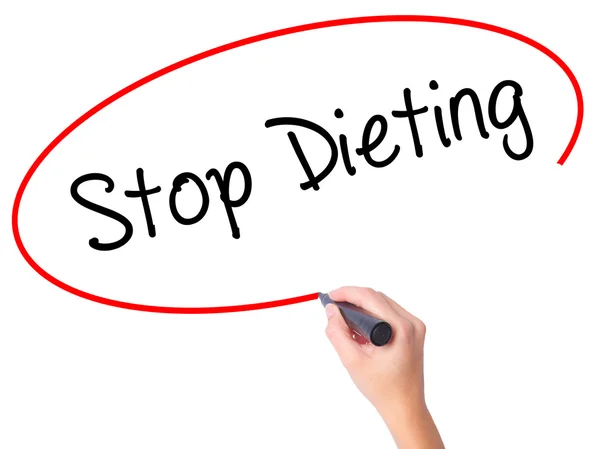 Women Hand writing Stop Dieting with black marker on visual scre — Stock Photo, Image