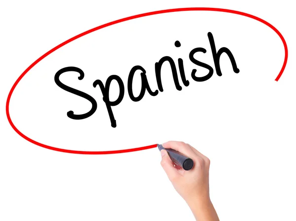 Women Hand writing Spanish with black marker on visual screen — Stock Photo, Image