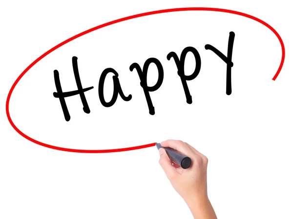 Women Hand writing Happy black marker on visual screen — Stock Photo, Image