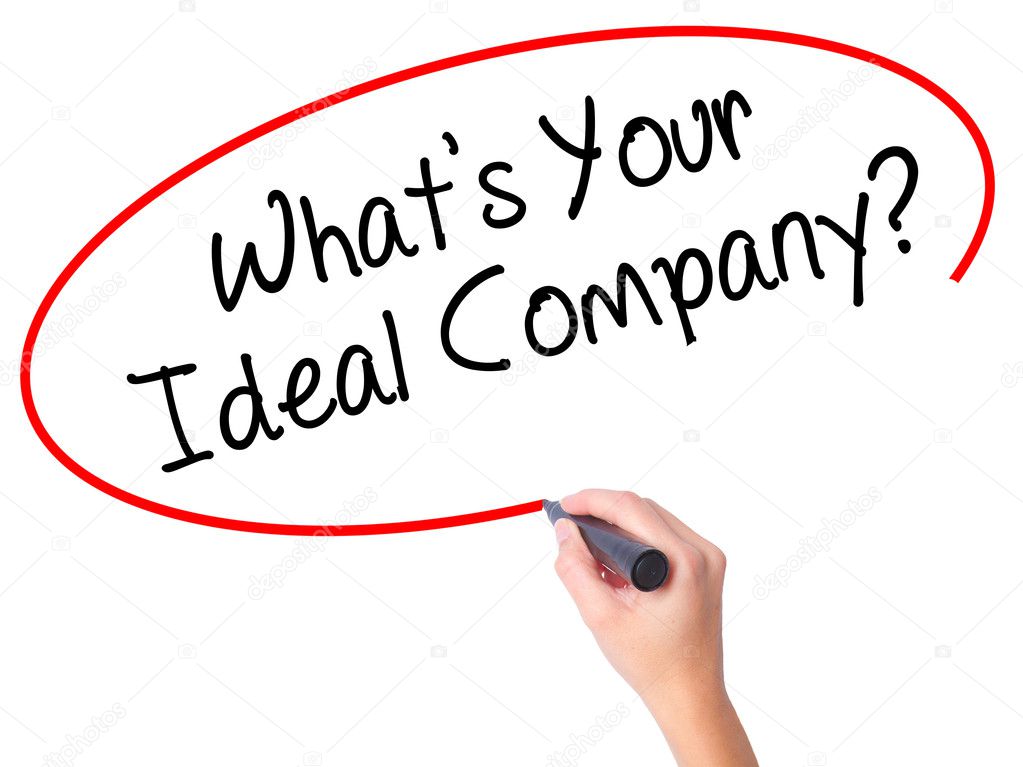 Women Hand writing Whats Your Ideal Company? with black marker o