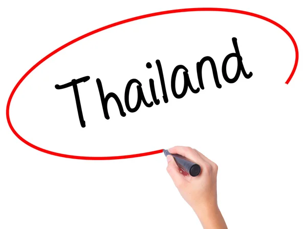 Kadın el Tayland ile siyah kalemi görsel ekranda yazma. — Stok fotoğraf
