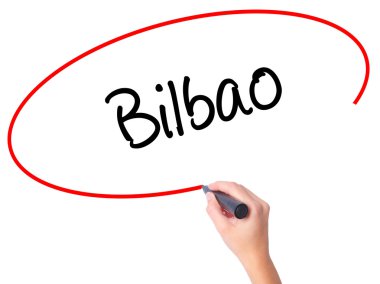 Kadın el Bilbao ile siyah kalemi görsel ekranda yazma.