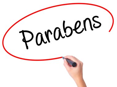 Kadın el ile Parabens (Portekizce kutlu olsun) yazma 