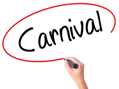 Kadın el karnaval ile siyah kalemi görsel ekranda yazma.