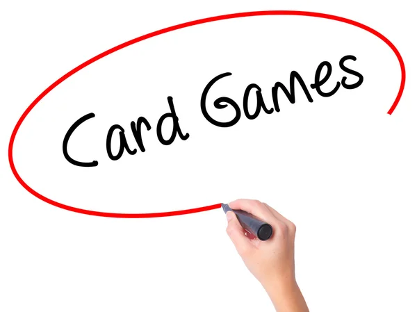 Women Hand writing Card Games with black marker on visual screen — Stock Photo, Image