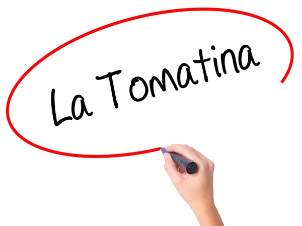 Kvinnor Hand skriver La Tomatina med svart markering på visuella skrika — Stockfoto