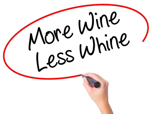 Women Hand writing More Wine Less Whine with black marker on vis — Stock Photo, Image