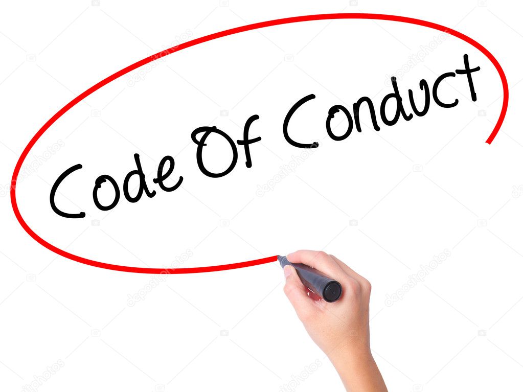 Women Hand writing Code Of Conduct with black marker on visual s