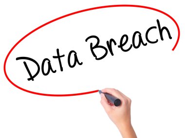 Women Hand writing Data Breach with black marker on visual scree clipart