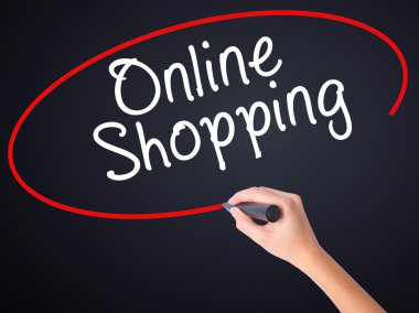 Kadın el yazma Online alışveriş transparen üzerinde bir marker ile