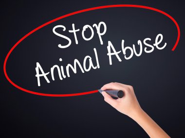 Woman Hand Writing Stop Animal Abuse with a marker over transpar clipart