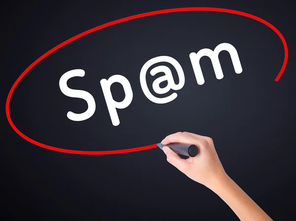 Woman Hand Writing Spam with a marker over transparent board — Stock Photo, Image