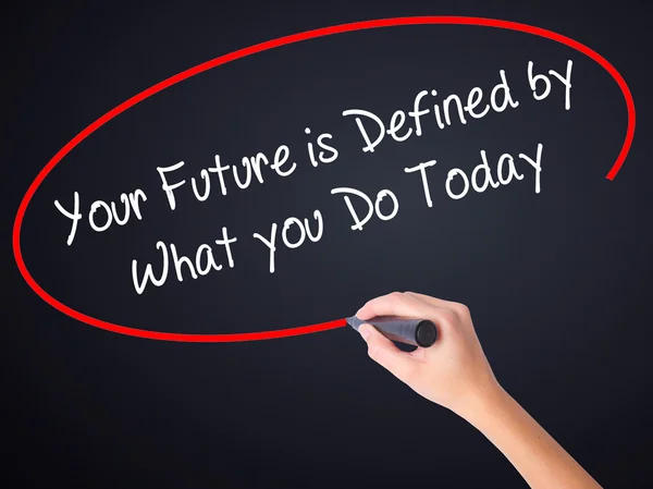 Woman Hand Writing Your Future is Defined by What you Do Today — Stok Foto
