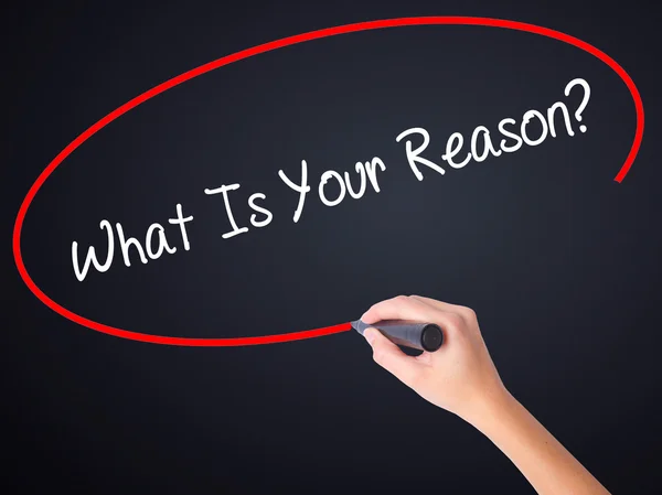 "Woman Hand Writing What Is Your Reason"? dengan penanda atas trans — Stok Foto