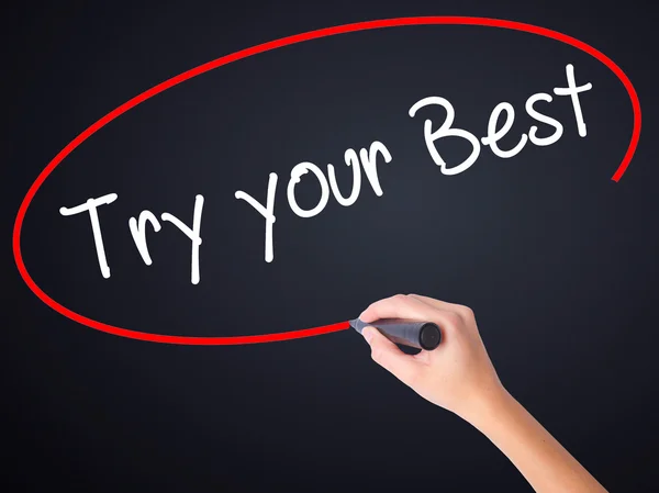 Woman Hand Writing Try your Best with a marker over transparent — Stock Photo, Image