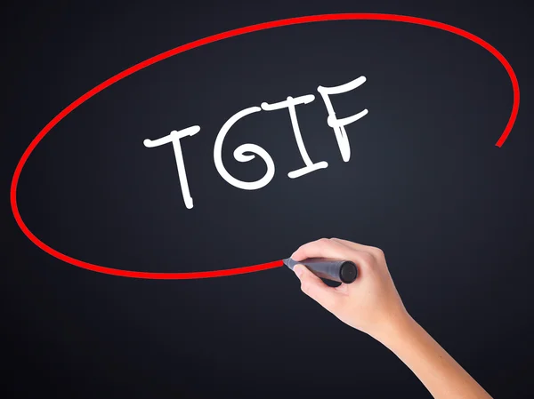 Woman Hand Writing TGIF with a marker over transparent board — Stock Photo, Image