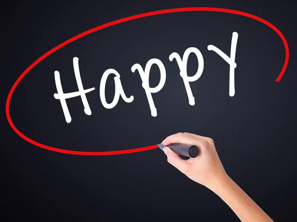 Woman Hand Writing Happy black marker on visual screen — Stock Photo, Image