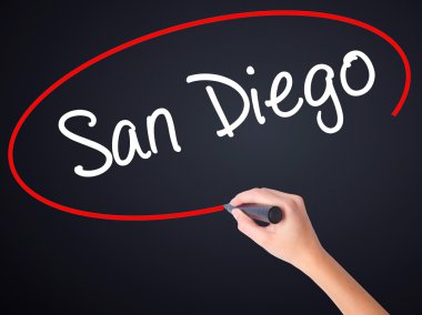 Woman Hand Writing San Diego with a marker over transparent boar clipart
