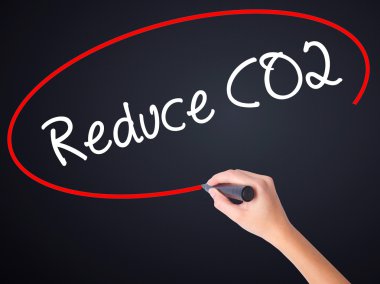 Kadın el yazma azaltmak Co2 şeffaf boa üzerinde bir marker ile