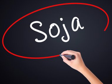 Bir işaretleyici ov ile kadın el yazma soya (soya Portekizce)