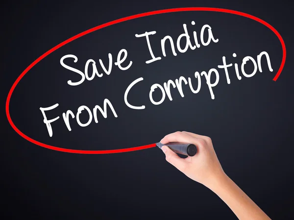 Woman Hand Writing Save India From Corruption with a marker over