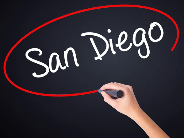 Woman Hand Writing San Diego with a marker over transparent boar — Stock Photo, Image