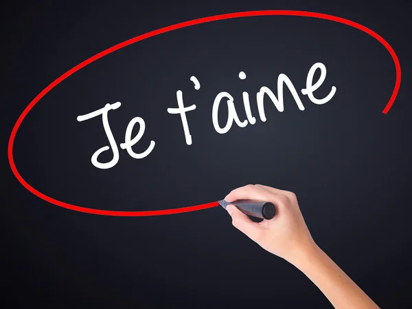 Woman Hand Writing Je t'aime ( I Love You in French)  with a mar — Stock Photo, Image