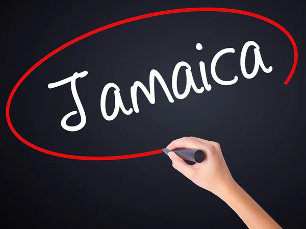 Kvinna Hand skrivande Jamaica med en markör över transparent styrelse — Stockfoto