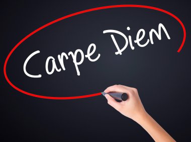 Kadın el yazma Carpe Diem şeffaf boa üzerinde bir marker ile