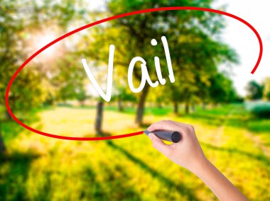 Kadın el yazma Vail şeffaf kartı bir marker ile 