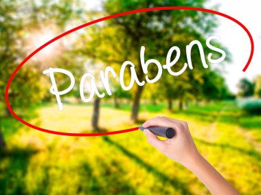 Kadın el ile Parabens (Portekizce kutlu olsun) yazma 
