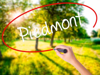 Kadın el yazma Piedmont şeffaf kartı bir marker ile