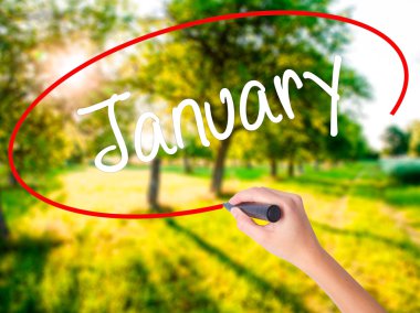 Kadın el yazma şeffaf kartı bir marker ile Ocak 