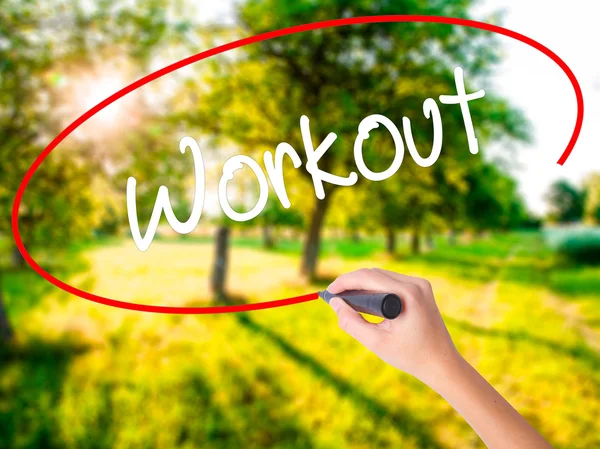 Woman Hand Writing Workout   with a marker over transparent boar — Stock Photo, Image