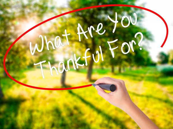 Woman Hand Writing What Are You Thankful For? with a marker over — Stock Photo, Image