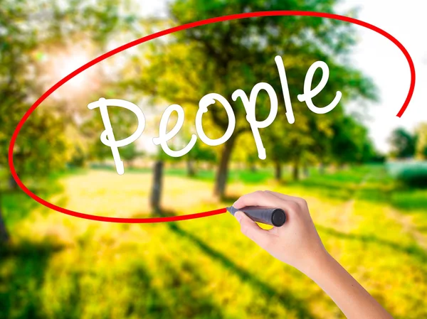 Woman Hand Writing People with a marker over transparent board — Stock Photo, Image