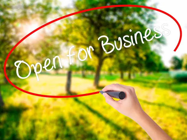 Woman Hand Writing Open for Business with a marker over transpar — Stock Photo, Image