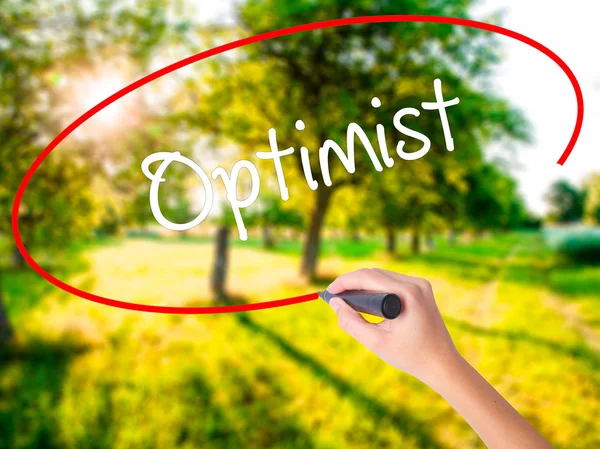 Woman Hand Writing Optimist  with a marker over transparent boar — Stock Photo, Image