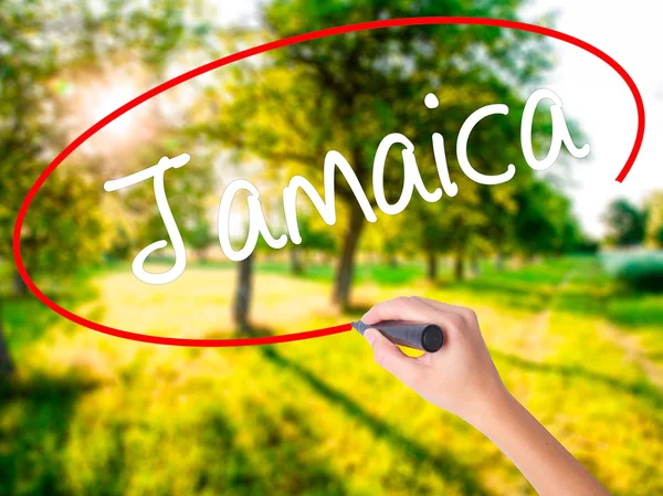 Woman Hand Writing Jamaica  with a marker over transparent board — Stock Photo, Image