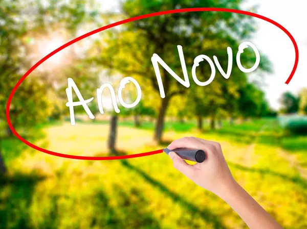 Vrouw Hand schrijven "Ano Novo" (In het Portugees: Nieuwjaar — Stockfoto