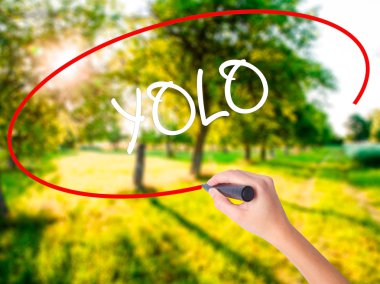 Kadın el yazma Yolo (sen sadece canlı bir kez) bir marker ile 