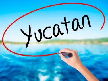 Kadın el yazma Yucatan şeffaf kartı bir marker ile