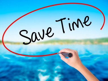 Woman Hand Writing Save Time with a marker over transparent boar clipart