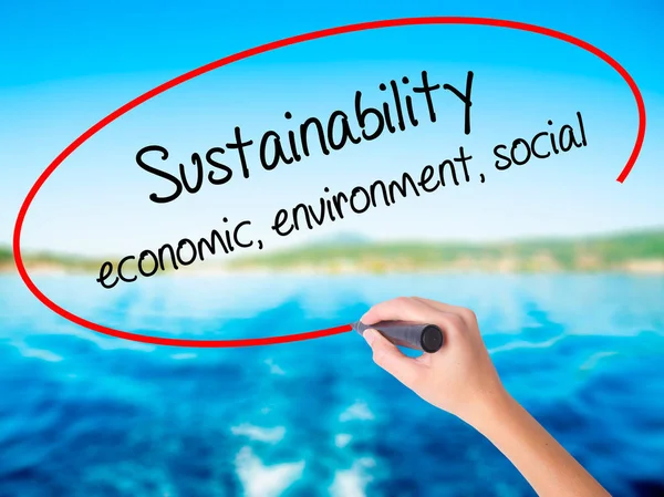 Женская рукопись Устойчивое развитие экономики, окружающей среды, социальной — стоковое фото