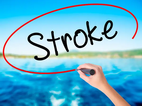 Nő kézzel írás Stroke, átlátszó étkezés marker — Stock Fotó