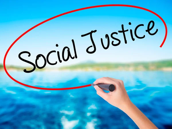 Woman Hand Writing Social Justice with a marker over transparent — Stock Photo, Image