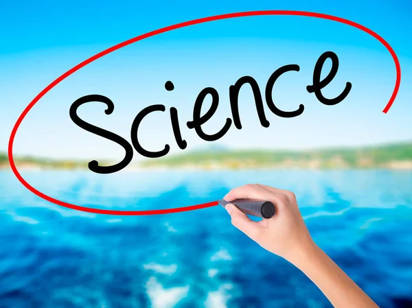 Woman Hand Writing Science with a marker over transparent board — Stock Photo, Image