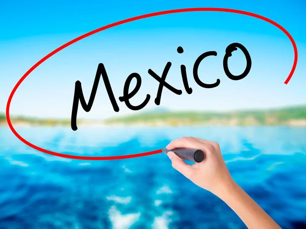 Woman Hand Writing Mexico  with a marker over transparent board — Stock Photo, Image