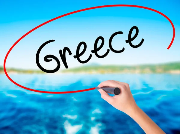 Nő kézzel írás Görögország, átlátszó étkezés marker — Stock Fotó