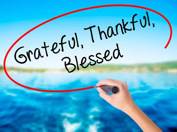 Woman Hand Writing  Grateful Thankful Blessed with a marker over — Stock Photo, Image